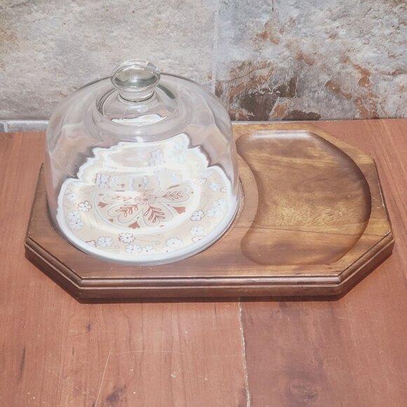 Vintage Cheese and Cracker Platter Tray Ceramic Tile Glass Dome Himark 1982 - Picture 1 of 14